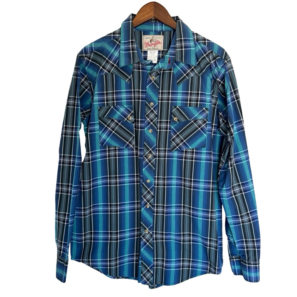 Vintage Wrangler Shirt Men LT Blue Plaid Flannel Pearl Snap Rodeo Western